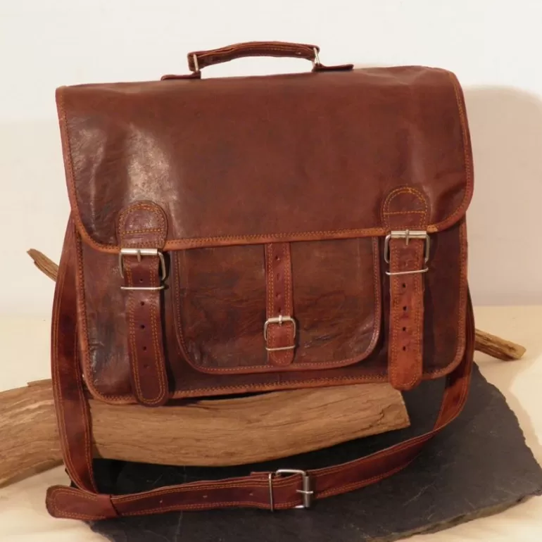 Sacs À Bandoulière En Cuir | Cartables En Cuir*Skin Project Grande sacoche / Cartable en cuir vintage - 2 boucles rond - XXL